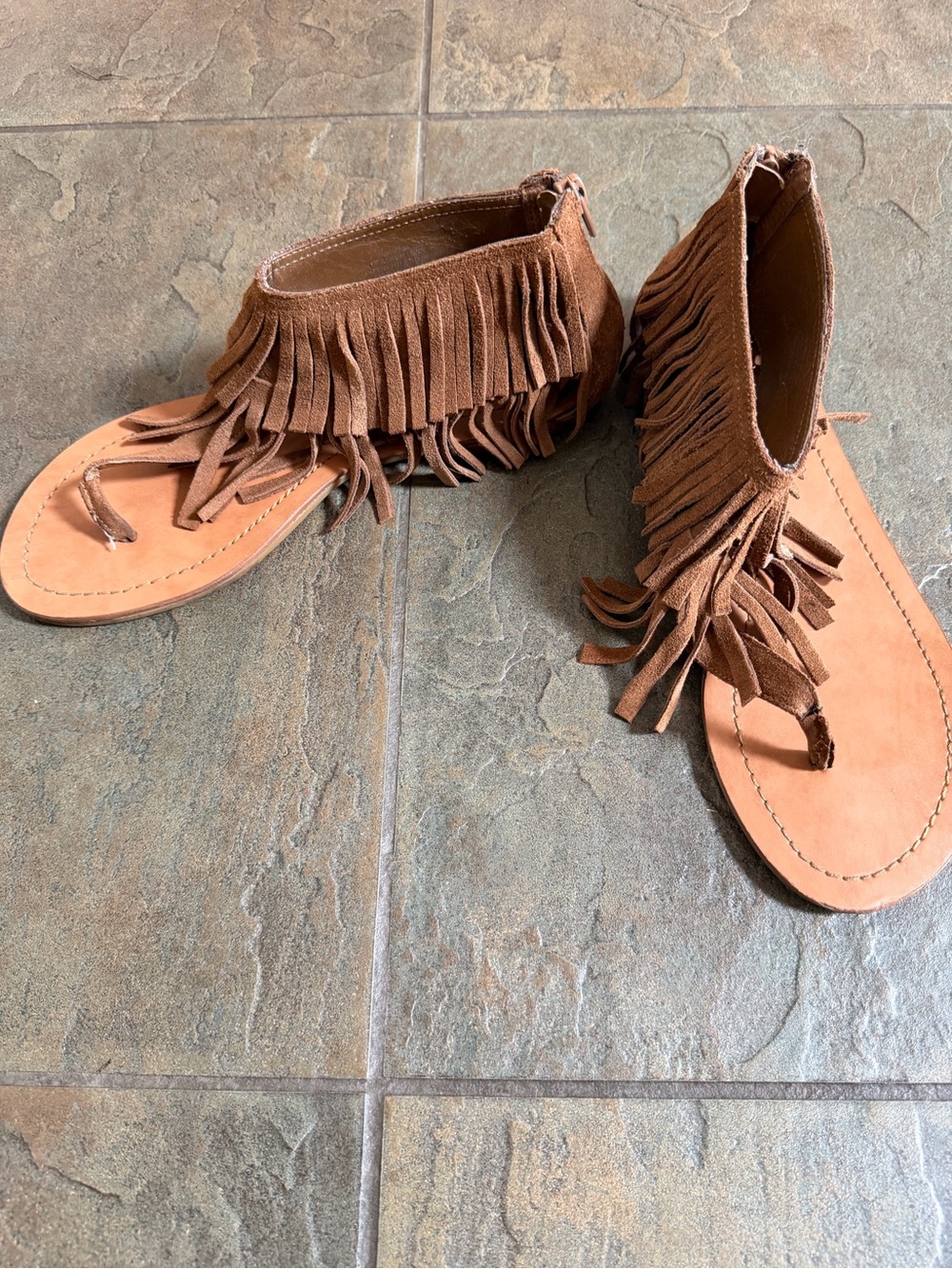 Women's Brown Fringe Ankle-Thong Sandals